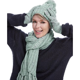 MissShorthair Women's Warm Beanie Hat 3 in 1 Warm Long Scarf and Touchscreen Glove Set Winter Thick Chunky Knitted Pom Cap,Multicolor-Silver Gray