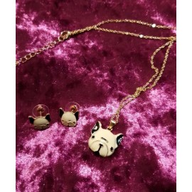 French Bulldog Frenchie Gold Tone Necklace & Earrings Set Black & White Enamel