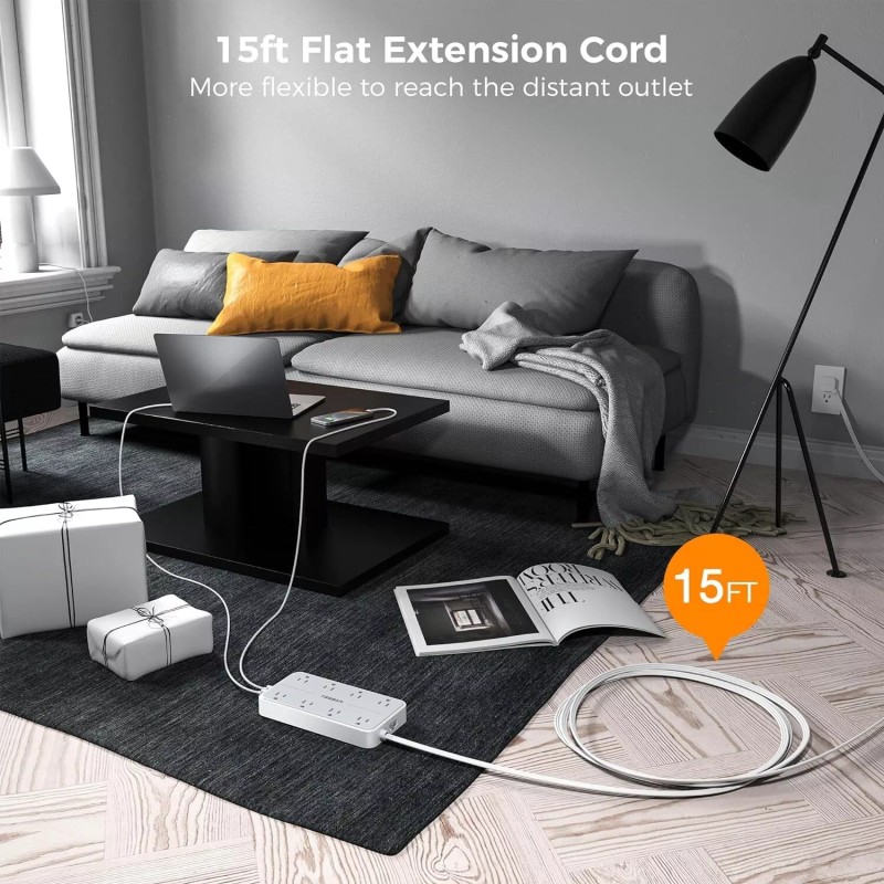 Tessan Surge Protector Power Strip 15 FT Long Extension Cord