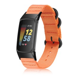 SUGARJAR Nylon Watch Bands Compatible with Fitbit Charge 6/5, Quick-Dry Adjustable Breathable Replacement Sport Strap with Stainless Steel Ring Clasp for Workouts & All-Day Wear，Women Men, Orange