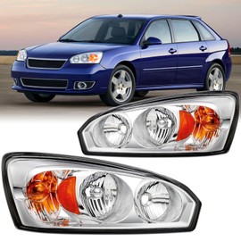 Pair Headlight Assembly Fits For 2004-2007 Chevy Malibu LT LS SS Sedan/Malibu Maxx Hatchback/For 2008 Malibu Classic Replacement Headlamps Passenger and Driver Side Chrome Housing Amber OE Style