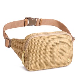 RFID Blocking Straw Summer Purses for Women 2025 Fanny Pack Crossbody Bags Belt Bag with Adjustable Strap(Pure Khaki)