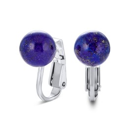 Gemstone Blue Lapis Lazuli Round Ball Stud Clip On Earrings For Women Non Piercing .925 Sterling Silver