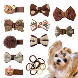 10pcs Brown Dog Hair Clips 10pcs Rubber Bands Small Dog Bows Beige Cute Pet Grooming Accessories Alligator Clips Stay In Hair Bear Barrettes Hairpin Topknot Headdress Yorkie Puppy Maltese Girls Dogs