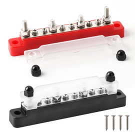12V - 48V Bus Bar, 6 x M4 Studs 2 PCS DC Power Distribution Block Bus Bar Terminal Block with Cover Ring for Cars RVs Boat Marine Solar System (Red, Black)