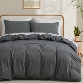 LOVQUE Dark Grey Duvet Cover Full Size, 100% Washed Cotton Linen Like Bedding Set with Zipper Closure (No Comforter), 80x90 Inches