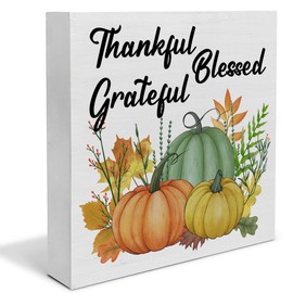 Thankful Grateful Blessed Table Decor, Fall Pumpkin Sign, Farmhouse Thanks Fall Thanksgiving Wooden Square for Home Bedroom Kitchen Desk Decor 5 x 5 Inches