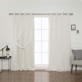 Best Home Fashion Set of 2 Tulle Overlay Star Cut Out Silver Grommet Curtains for Bedroom, Living Room, Kids Room, Sun Blocking Thermal Insulated Blackout Window Curtains (52" W x 96" L, Biscuit)