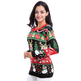v28 Varied Ugly Christmas Sweater for Women Merry Reindeer Shirt Knit Sweaters(XS, Deer Snowman Black)