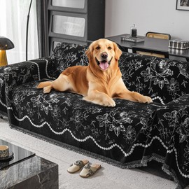 Akpgq Boho Anti-Slip Couch Cover Soft Pet-Friendly Sofa Cover for Dog Chenille Couch Cover Multi-use Furniture Protector Cover Washable (SMHY-Black, 71"*118")