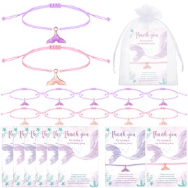 Liliaafar 12 Sets Mermaid Tail Bracelet Party Favors for Guests Adjustable Bracelet with Fishtail Charm and Thank You Card Sweet Quinceanera Gifts for Mermaid Theme Birthday Party Gifts