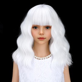 White Short Bob Kids Wig Wavy Wigs with Bangs for Daily