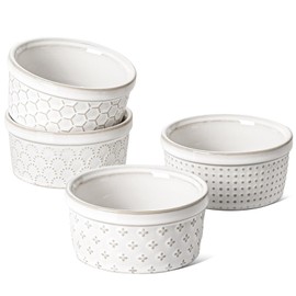 LE TAUCI Ramekins 6 oz, Ramekin Oven Safe, Ramiken for Creme Brulee, Lava Cakes, Pudding, Custard Cups, Souffle, Pot Pie, Small Sauce Bowl, Ceramic Baking Dishes- 4 inch, Set of 4, Arctic White