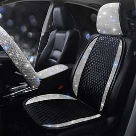 Pirador Luxury PU Leather Car Seat Cover Protector Bling Rhinestones Diamond Front Car Seat Protector Pad for Girls Women or Ladies Auto Sparkling Crystal Universal Interior Accessories White 1 Seat