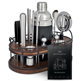 Home Hero Bartender Kit - 22-Piece Cocktail Shaker & Bar Tool Set - Wooden Stand Display & Bar Cart Accessories - Recipe Book & Housewarming Gifts - 22-Pc, Silver