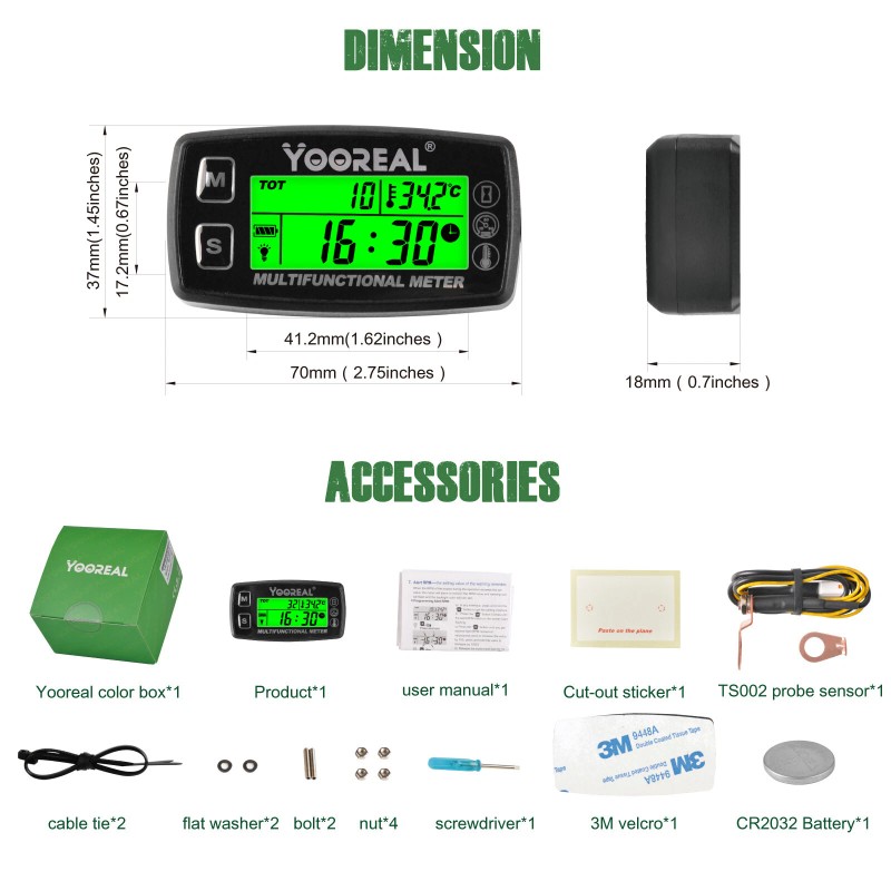 YOOREAL Digital Engine Temperature RPM Gauge Tachometer Hour Meter of