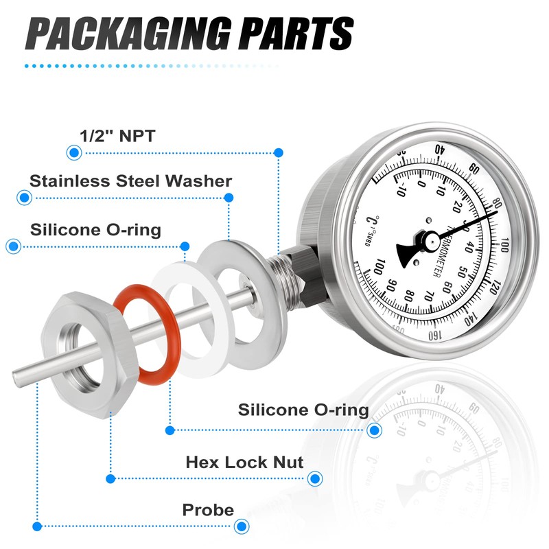 MEANLIN MEASURE 1/2" NPT Bimetal Thermometer for hot Water, boilers,