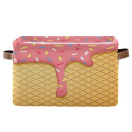 Kigai Ice Cream Cone Storage Basket Collapsible Rectangle Storage Bin Shelves Basket Organizer with Leather Handle for Closet, Office, Nursery, Home Decor