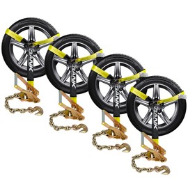 Car Tie Down Straps (4 Pack) for Trailers With Heavy Duty Chain Anchors - 2" x 96" Lasso Style Wheel Strap - 3,300lbs Safe Working Load - Includes 4 Ratchet and 4 Tire Straps