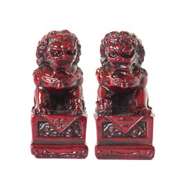 Feng Shui Chinese Beijing Foo Dogs Statues Pair Guardian Lions Statues Wealth Protection Figurine Decorations Home Gifts (S, Dark red)