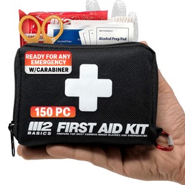 M2 BASICS All-Purpose 150 Piece First Aid Kit | Car, Travel, Home, Hiking, Camping, Survival | Small Emergency Kit, Medical Kit