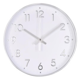bakbrand Wall Clock Silent Modern Round Decor Clock Non-Ticking Battery Operated Stereoscopic Dial Analog Wall Clocks for Living Room/Bedroom/Office/Kitchen (White-Silver, 8 inch)