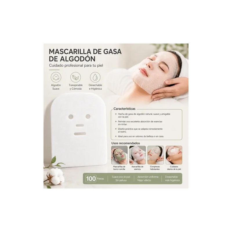 100pza Mascarilla Gasa De Algodón Para Faciales