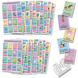 More Fiesta Juego de Loteria Baby Shower Impreso Bilingue Español Ingles, para 40 Jugadoras - 40 Tablas y Barajas