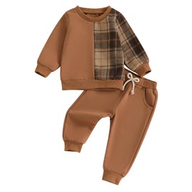 Bufarromio Autumn Baby Boys 2pcs Outfits Classic Plaid Print Patchwork Long Sleeves Tops Drawstring Pockets Pants Toddler Boy Clothes Set (Khaki, 18-24 Months)