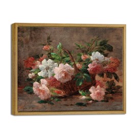 Pyradecor Vintage Wall Art Retro Framed Kitchen Decor A Basket with Roses Canvas Prints Classical Floral Painting Artwork for Cottagecore Decor Farm House Office Decorations