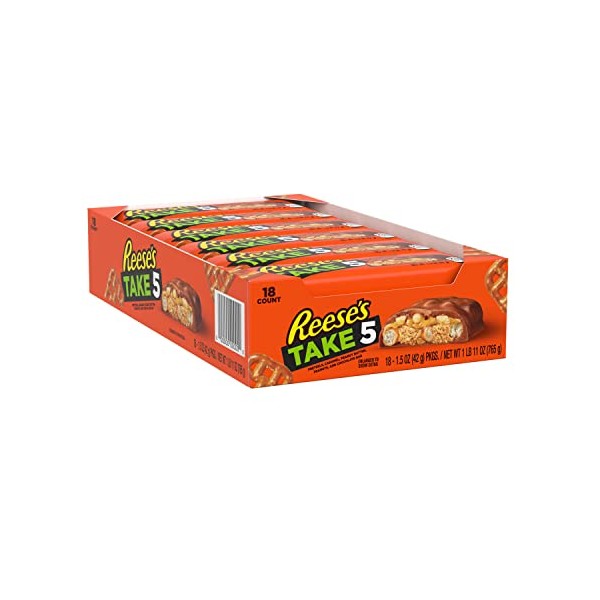 REESE'S TAKE 5 Pretzel, Caramel, Peanut Butter, Peanut, Chocolate Candy, Individually Wrapped, 1.5 oz Bars (18 Count)