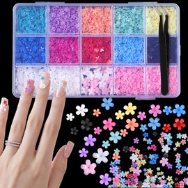1500PCS 3D Color Tiny Flowers Charms for Nails Tiny Color Petal Flower Nail Charms with Tweezers Golden Caviar Beads for Nail Art DIY Manicure Jewel Accessories