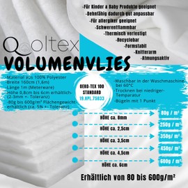 Volume Fleece 180 g/m² Upholstery Fleece - 160 cm Wide 18 mm 1.8 cm Thick 1.6 m² - Fleece Wadding Diole Wadding Quilt Fleece - Oeko-Tex® Standard 100