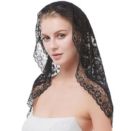 Bethynas Lace Mantilla Catholic Church Veil Vintage Chapel Veils Mass Head Covering Triangle Lace bridal Shawl Latin Scarf (Style 4 - Black)