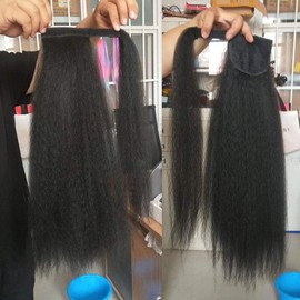 Italian Coarse Yaki Wrap Around Ponytail Hair Extensions Human Hair Kinky Straight Clip in on Pony Tail Hair Piece for Women Natural Black