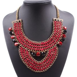Florate Rope Braided Crystal Rhinestone Big Statement Pendant Chunky Gold Color Chain Necklace for Women (red)