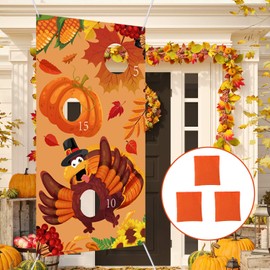 Thanksgiving Bean Bag Toss Game Sets Turkey Hanging Toss Game Banner with 3 Bean Bags Thanksgiving Turkey Toss Games for Teens Adults