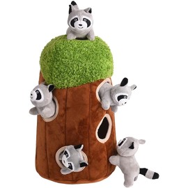 Glow Pups InteractiveBurrowDogToy - Tree with Raccoons, Plush Animal Squeaky Toy for Small Dogs, Puzzle Dog Toy for Mental Stimulation