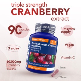 Zipvit Triple Strength Cranberry 60,000mg, High Strength Cranberry Extract with Vitamin C, 90 Vegan Capsules for Immune Support, 1 Month Supply, Supplement for Men & Women