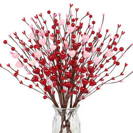 N&T NIETING - Regalos para el día de San Valentín, 6 piezas de tallos de flores de bayas artificiales en forma de corazón rojo para el día de San Valentín, boda y decoración del hogar (rojo y rosa)