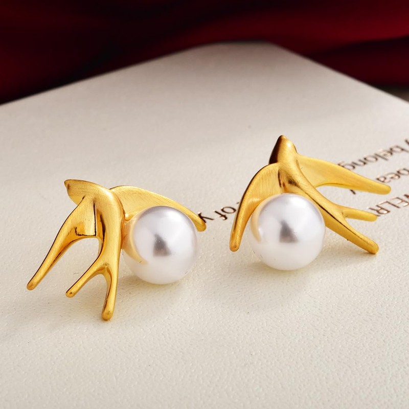 Xeyai 14K Gold Plated Swallow Bird Stud Pearl Earrings for