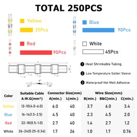 Delgada 250PCS Marine Heat Shrink Wire Connectors - Solder Seal Butt Terminals for Marine, Automotive - Corrosion and Weatherproof - Self-Solder Insulated Splice Terminals