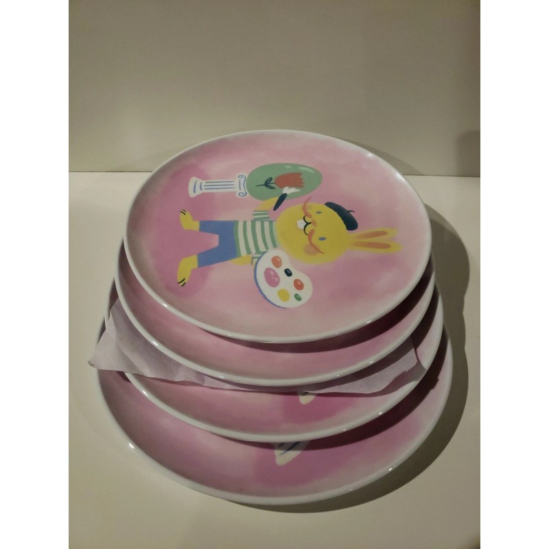 Set of 4 Bunny Painting Pink Melamine Plastic 10" Plates