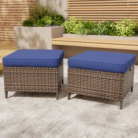 COOS BAY Harbor Retreat Wicker Outdoor Ottomans Set of 2, Patio Footrests with Removable Cushions for Couch, Deck, Backyard & Poolside, Brown/Blue