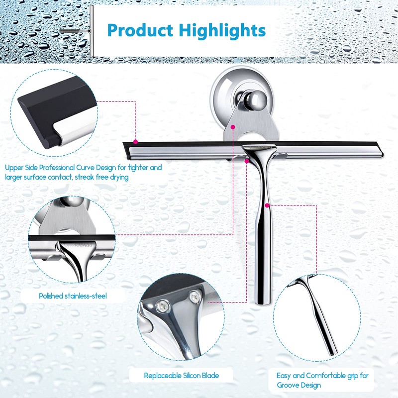 Love-KANKEI Shower Squeegee Stainless Steel Squeegee Shower with Suction Cup,