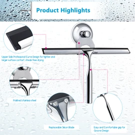 Love-KANKEI Shower Squeegee Stainless Steel Squeegee Shower with Suction Cup, Shower Squeegee with Holder Rubber Lip, Shower Wiper Set for Bathroom Windows Wall, Window Squeegee No Drilling with 1