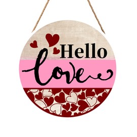 Anyako Valentine's Day Hello Love Door Sign For Front Door Decor,Red Heart Wooden Sign 12"x 12" Round Wood Hanging Door Sign Valentines Decoration for Wall Rustic Farmhouse Porch Decor