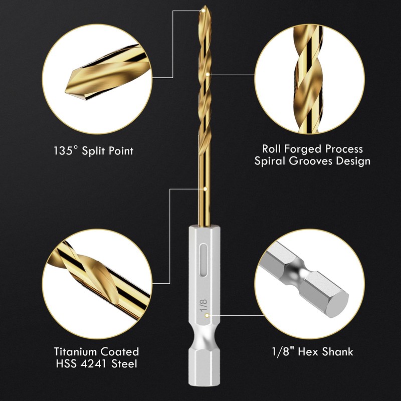 MACXCOIP Hex Shank Drill Bit Set, 16Pcs 1/8" HSS Titanium