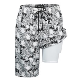 Mens Swim Trunks with Compression Liner, Skeleton Flower White Rose Skull Mens Bathing Suit Mens Swimming Trunks with Zipper Pockets 9 inch inseam Mens Board Shorts Swimwear Quick Dry Swimsuits, XL