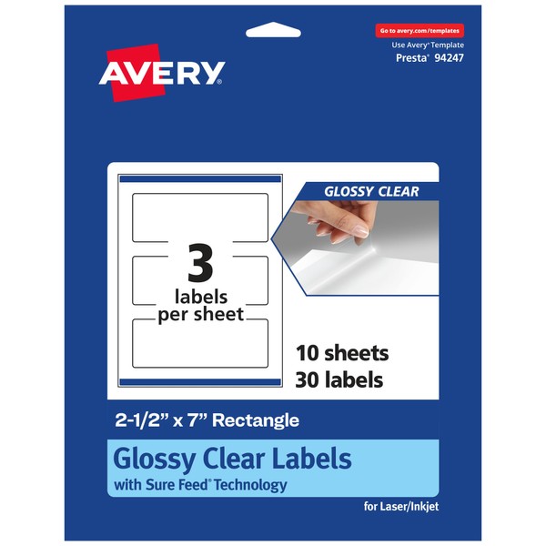 Avery Glossy Clear Rectangle Labels, Sure Feed Technology, 2.5" x